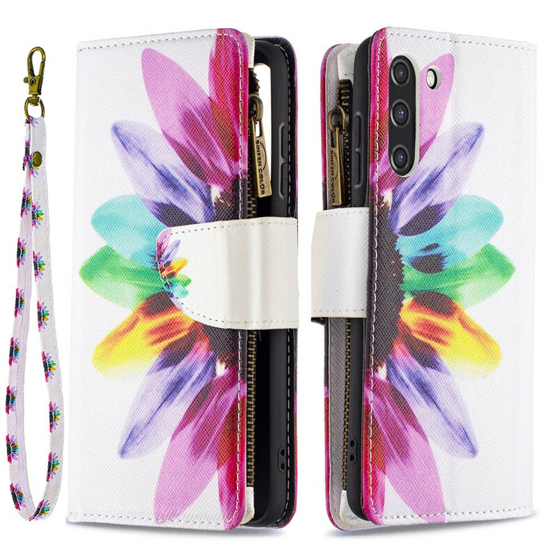 Capa Samsung Galaxy S21 FE com bolso com zíper de bolso com flores