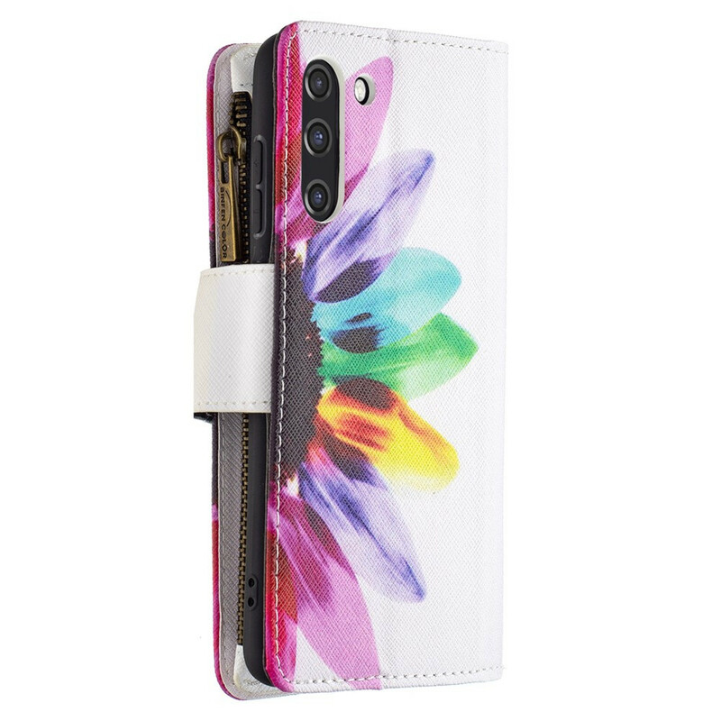 Capa Samsung Galaxy S21 FE com bolso com zíper de bolso com flores