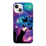 Capa iPhone 13 Cat and Butterflies In Space