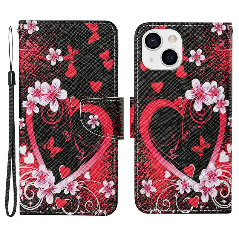 iPhone 13 Case Flowers and Hearts with Strap