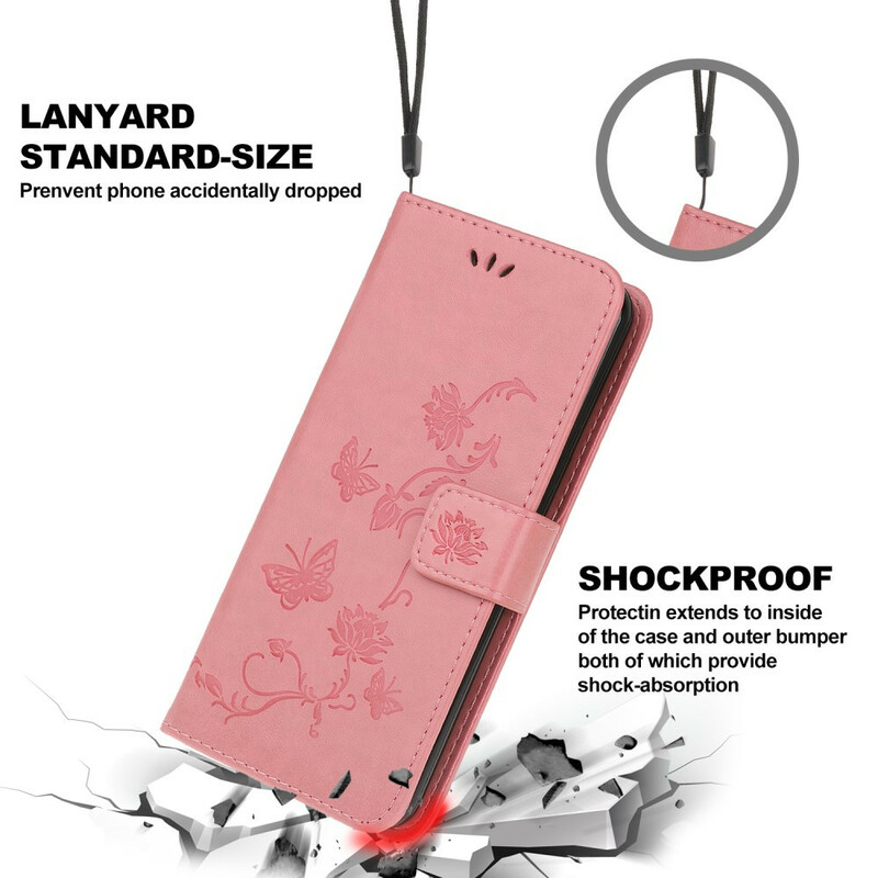 Capa para iPhone 13 Borboletas e Flores com Lanyard