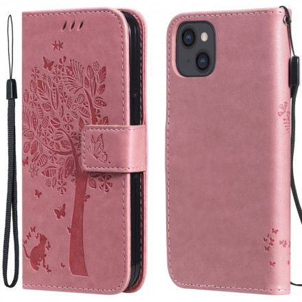 Capa para iPhone 13 Árvore e Gato com Lanyard