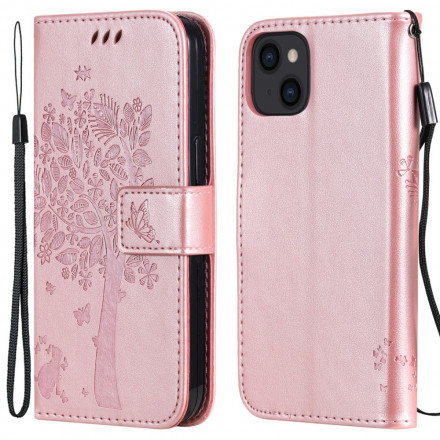 Capa para iPhone 13 Árvore e Gato com Lanyard