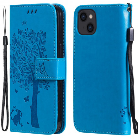Capa para iPhone 13 Árvore e Gato com Lanyard