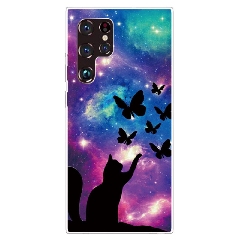 Capa para Samsung Galaxy S22 Ultra 5G Gato e borboletas no espaço