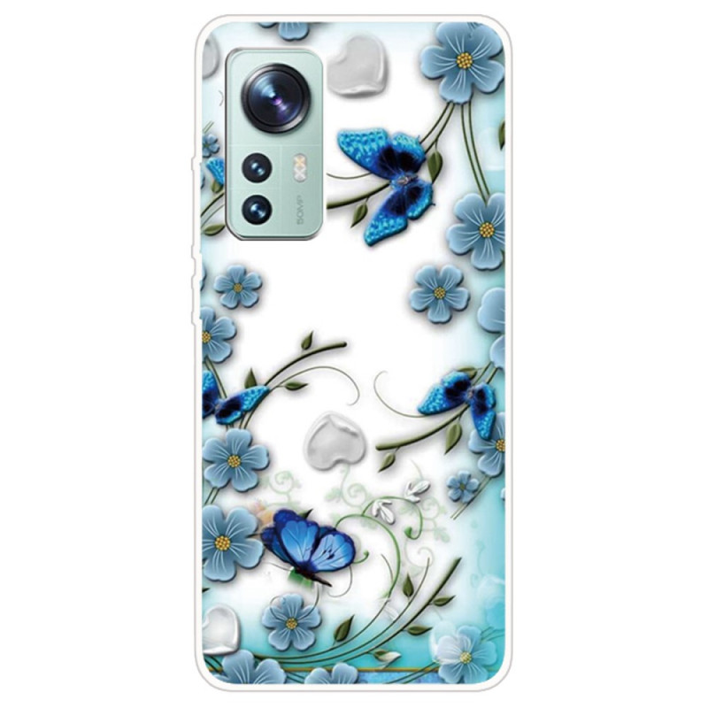 Capa azul com flores e borboletas para Xiaomi 12 / 12X / 12S