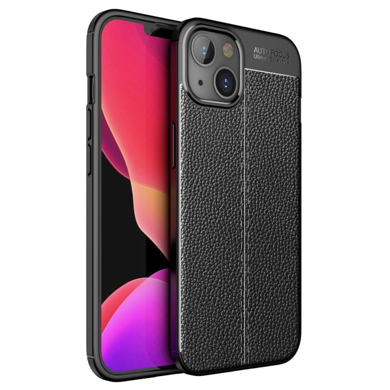 Capa de couro para iPhone 14 Efeito lichia Linha dupla