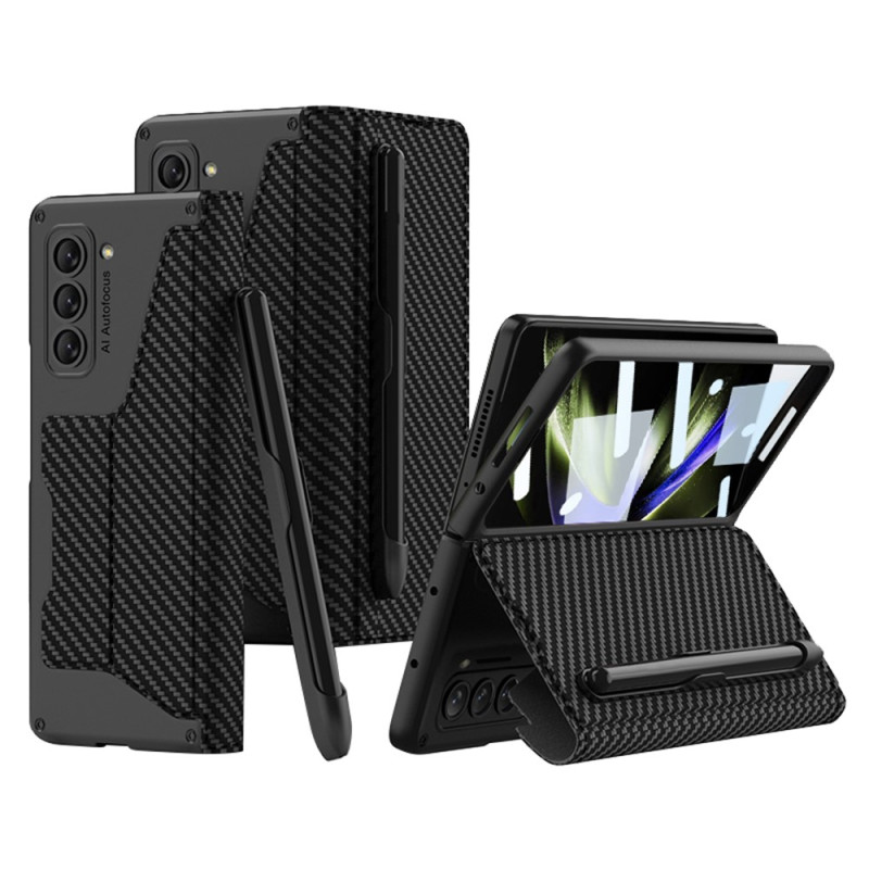 Capa em pele para Samsung Galaxy Z Fold 5 Suporte para caneta e protetor de ecrã em fibra de carbono