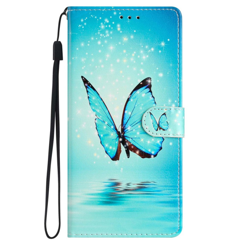 Capa Butterfly Flight para iPhone 15 azul com cordão de segurança