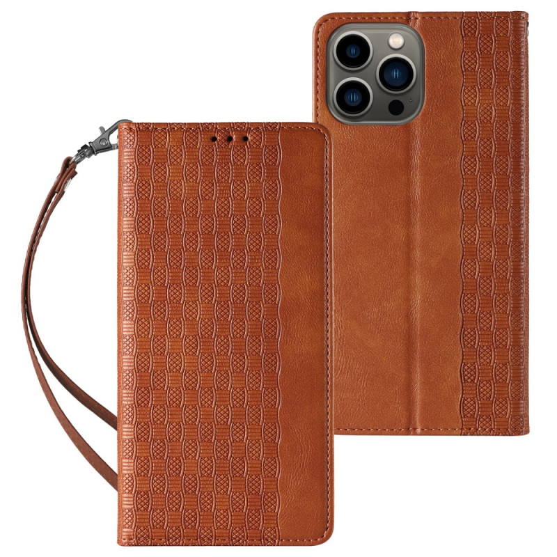 Capa flip para iPhone 15 Pro vintage elegante com correia