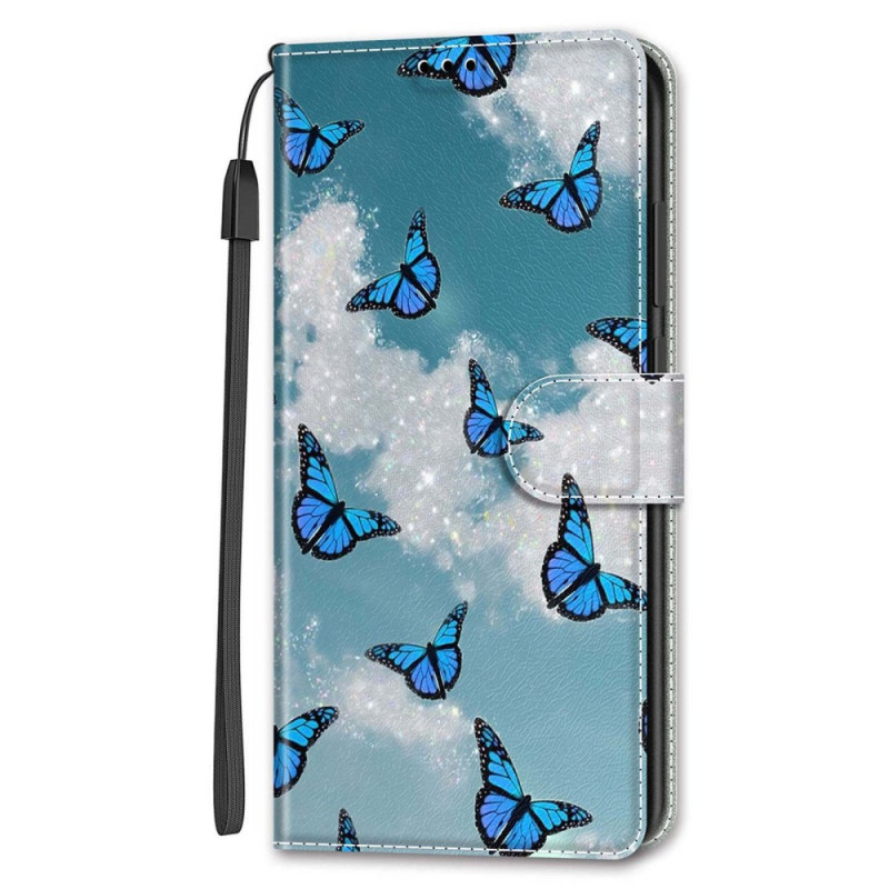 Capa com banda para Samsung Galaxy S24 5G Nuvens brancas e borboletas azuis