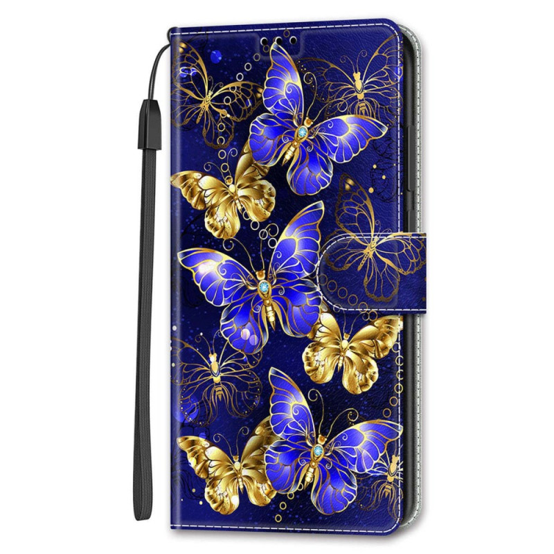 Capa para Samsung Galaxy S24 5G dourada e azul com fita em forma de borboleta