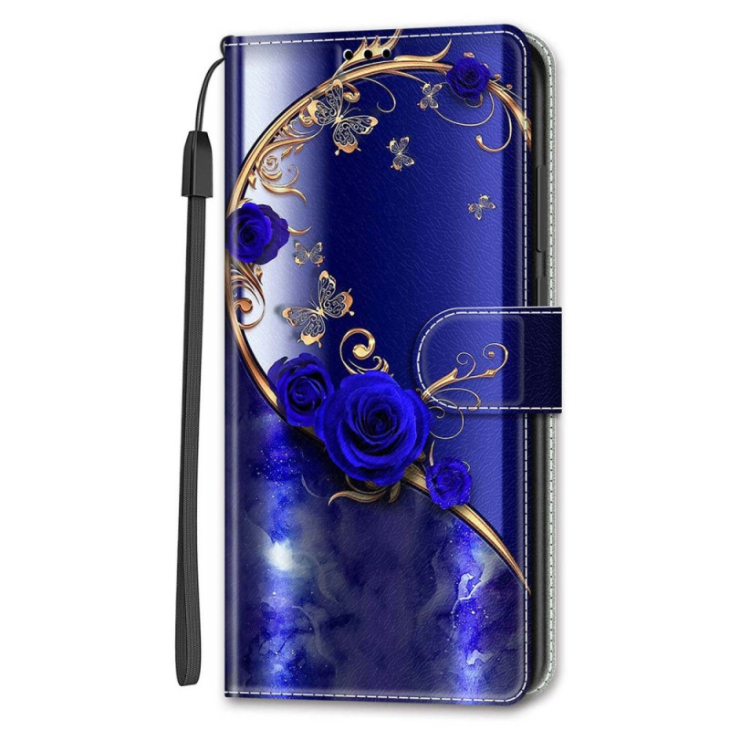 Capa para Samsung Galaxy S24 5G Rosas azuis e borboletas douradas com alça