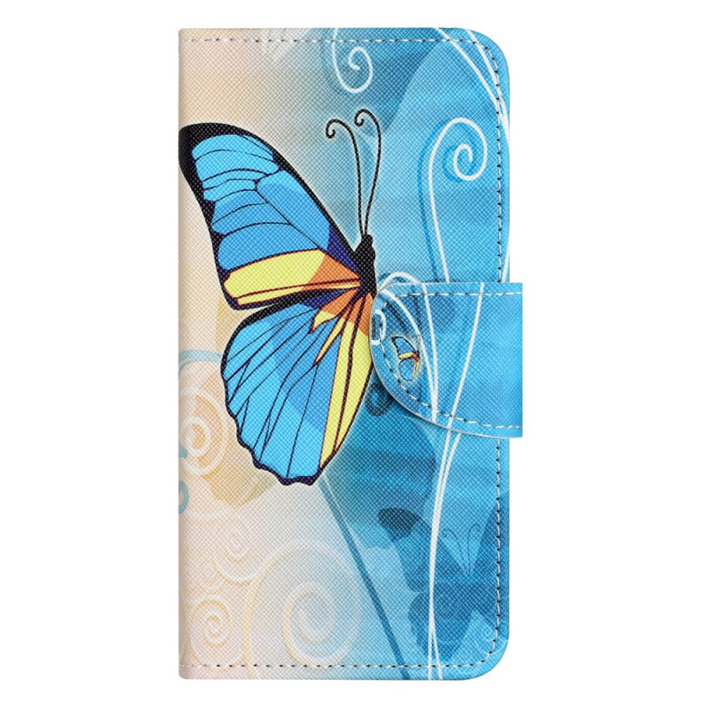 Capa para Samsung Galaxy S24 5G azul e amarela com fita em forma de borboleta
