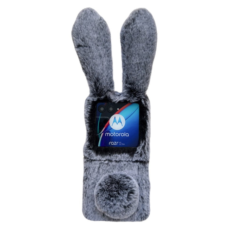 Capa para Motorola Razr 40 Ultra 5G 3D com orelhas de coelho e pelo cinzento escuro