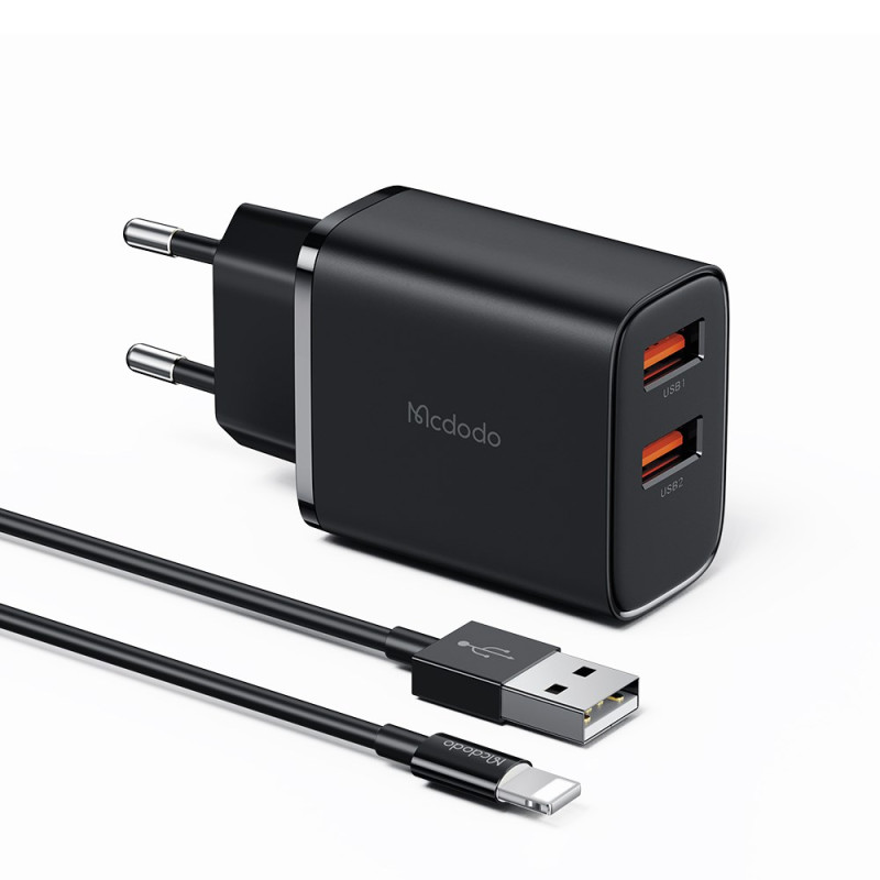 Kit de carregador de parede com 2 USB-A 2.4A, cabo USB para iP e adaptador de viagem MCDODO