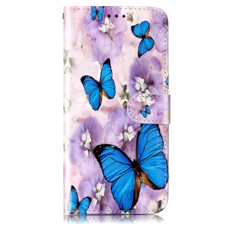 Capa com fita adesiva para Samsung Galaxy S24 Plus 5G azul com borboletas e flores roxas