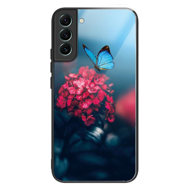 Capa para Samsung Galaxy S24 Plus 5G em vidro temperado com flor e borboleta