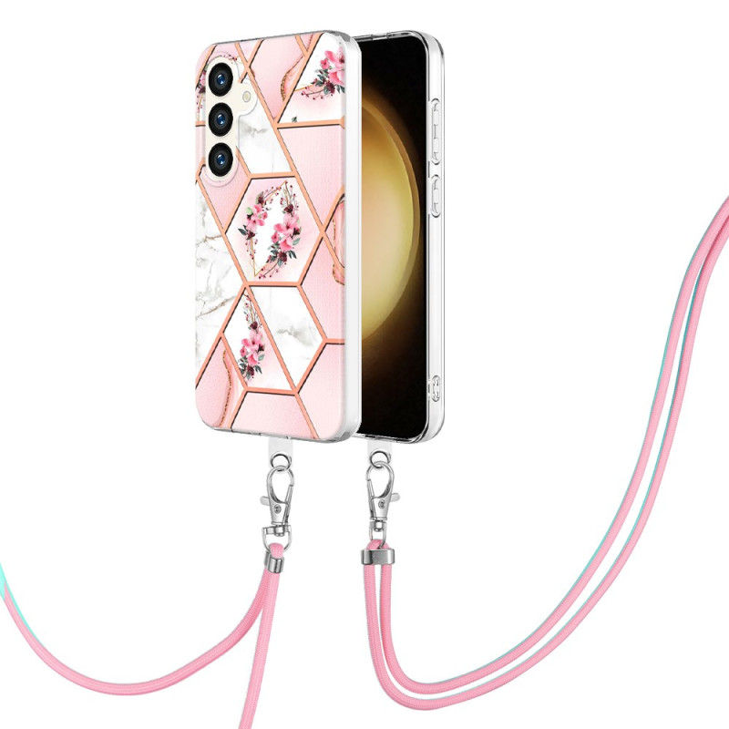 Capa para Samsung Galaxy S24 Plus 5G com cordão de flores em mármore rosa