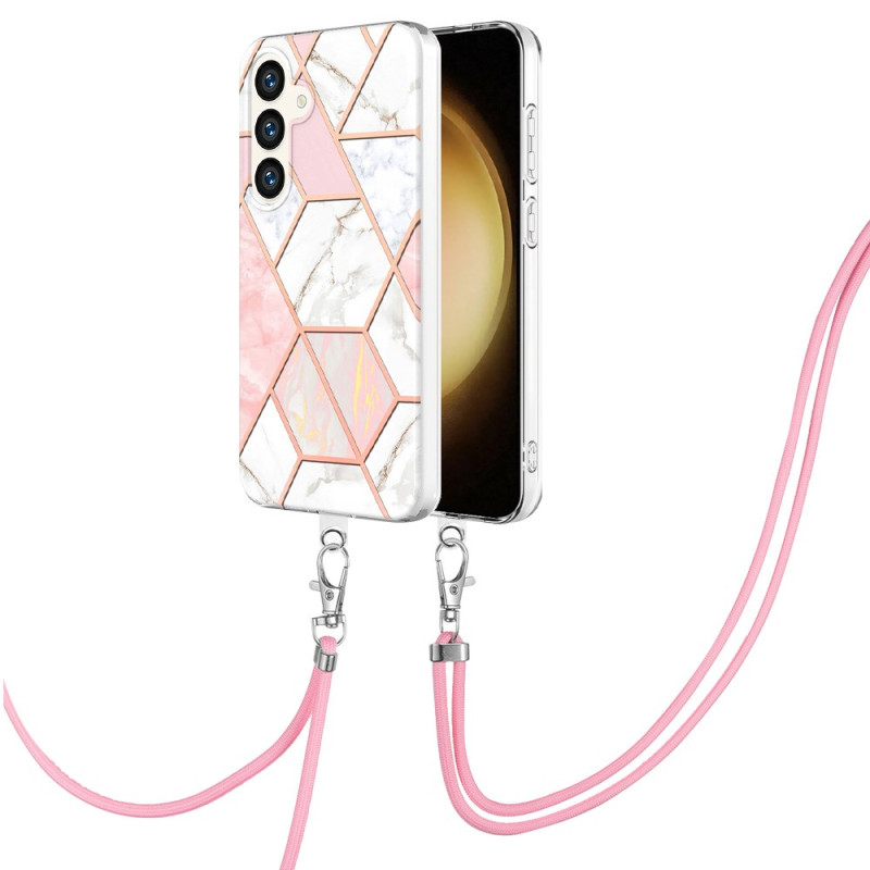 Capa com cordão para Samsung Galaxy S24 Plus 5G Marble Rosa e Branco