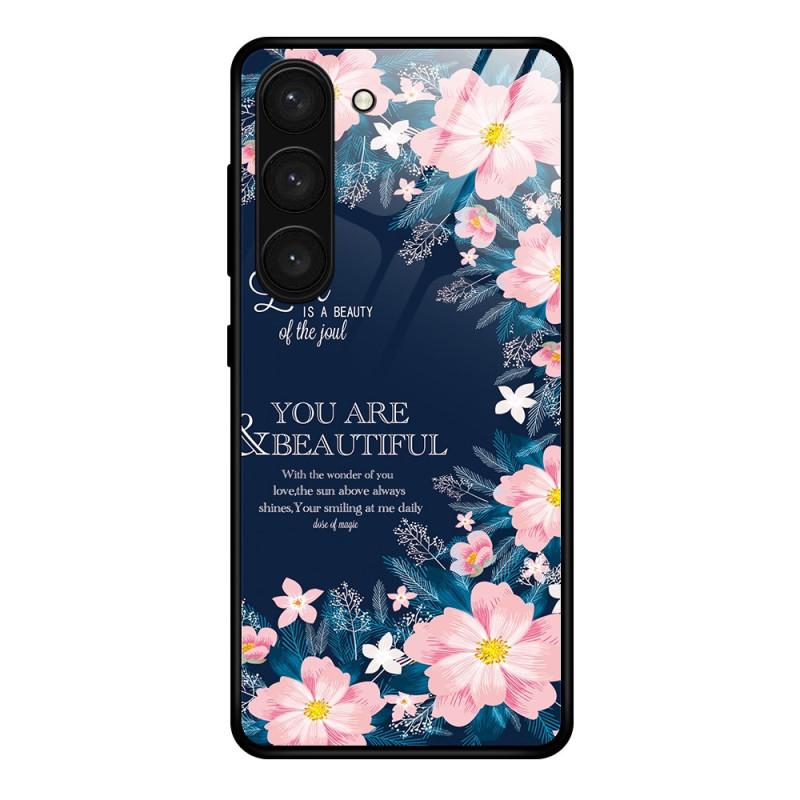 Capa para Samsung Galaxy S24 Plus 5G em vidro temperado com flores cor-de-rosa