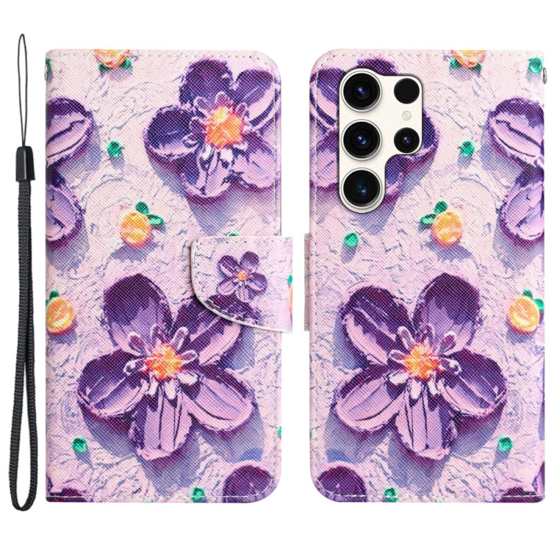 Capa para Samsung Galaxy S24 Ultra 5G roxa com alça de flores