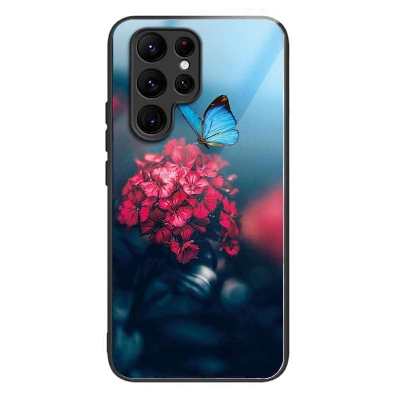 Capa para Samsung Galaxy S24 Ultra 5G em vidro temperado com flores e borboletas