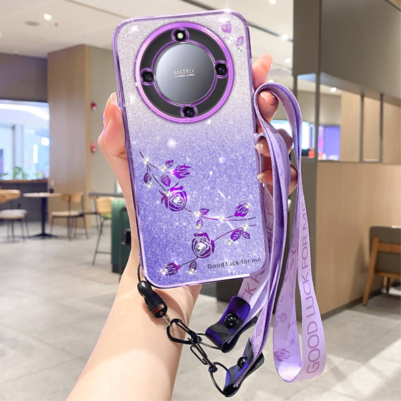 Honor Magic 5 Lite 5G / X9a Capa com cordão de pescoço com padrão floral e strass KADEM