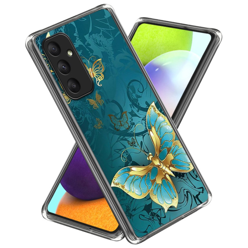 Capa para Samsung Galaxy A35 5G Borboletas douradas sobre fundo verde