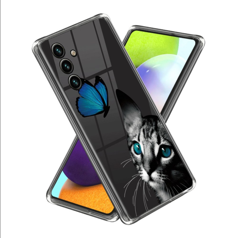 Capa para Samsung Galaxy A15 Azul Design de gato e borboleta