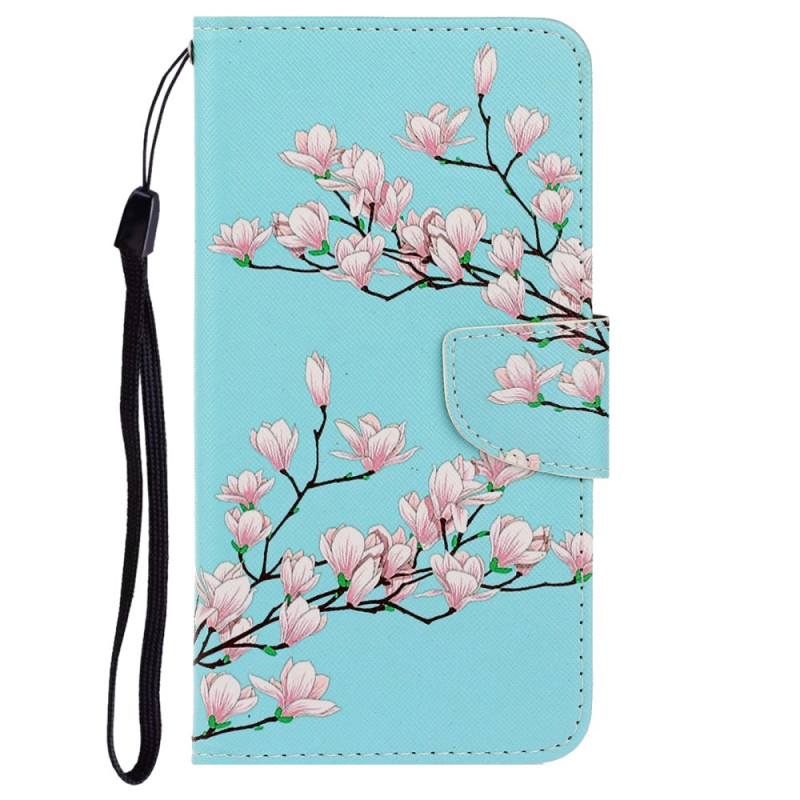 Capa para iPhone XR Flores cor-de-rosa com cordão de pescoço