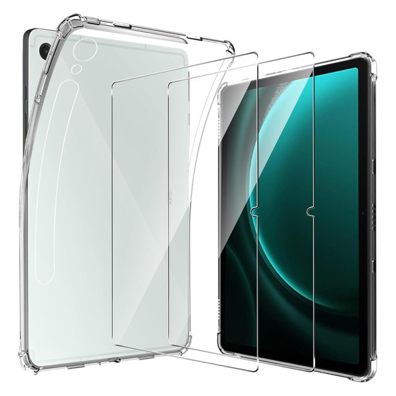 Capa transparente para Samsung Galaxy Tab S9 FE com 2 protecções de ecrã em vidro temperado