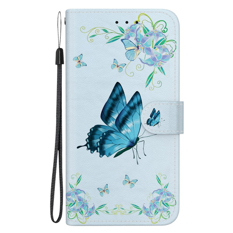 Capa com fita adesiva para borboleta e flores azul do Poco F5