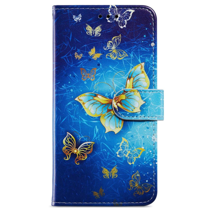 Capa Oppo A79 5G Borboletas douradas sobre fundo azul com bracelete