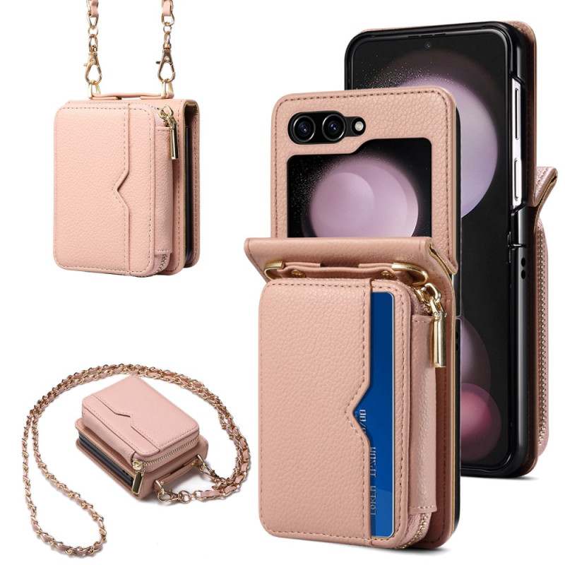 Capa para cartão com fecho de correr para Samsung Galaxy Z Flip 6 com alça de ombro em corrente