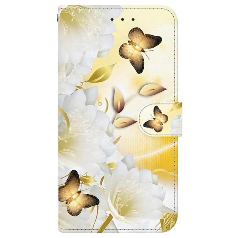 Capa com cordão para Motorola Edge 50 Pro com borboletas douradas e flores brancas