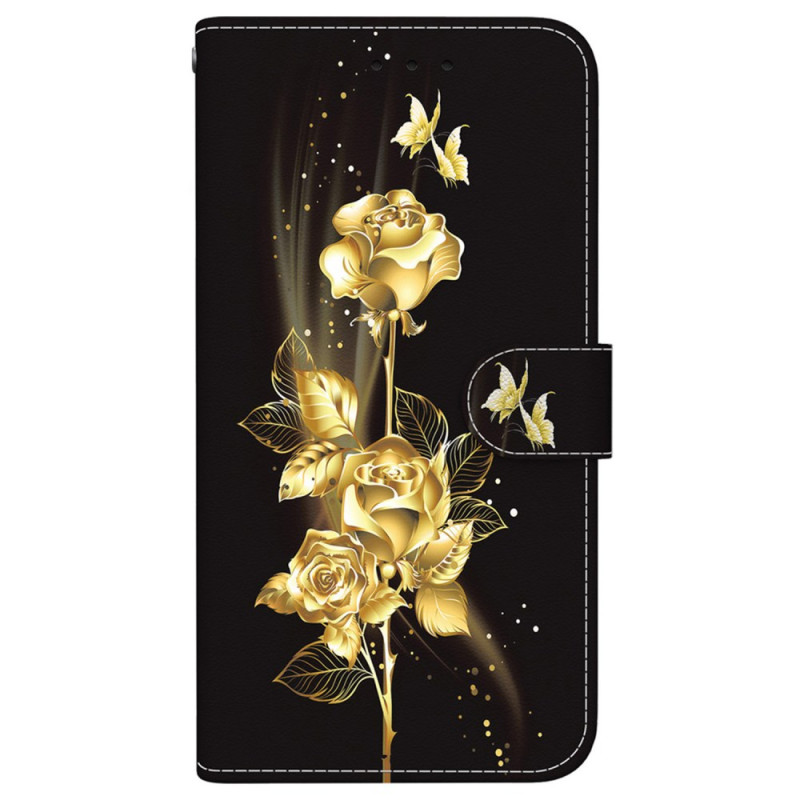 Capa para iPhone 16 dourada com fita para borboletas e rosas