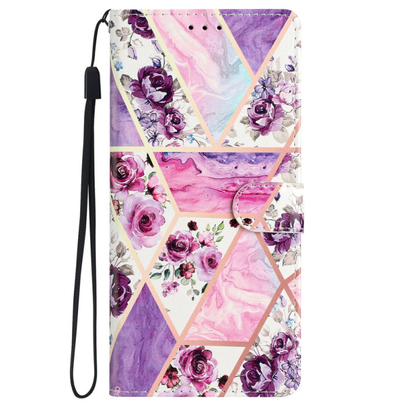 Capa para iPhone 16 Flores roxas com cordão de pescoço