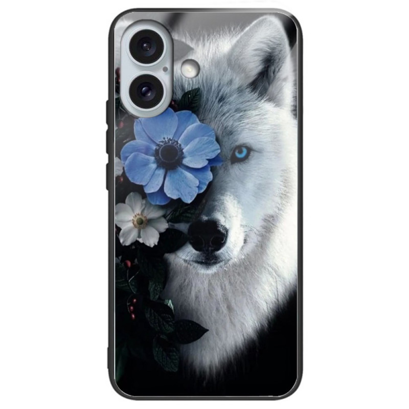 Capa Dura iPhone 16 Plus Vidro Temperado Lobo e Flor Azul