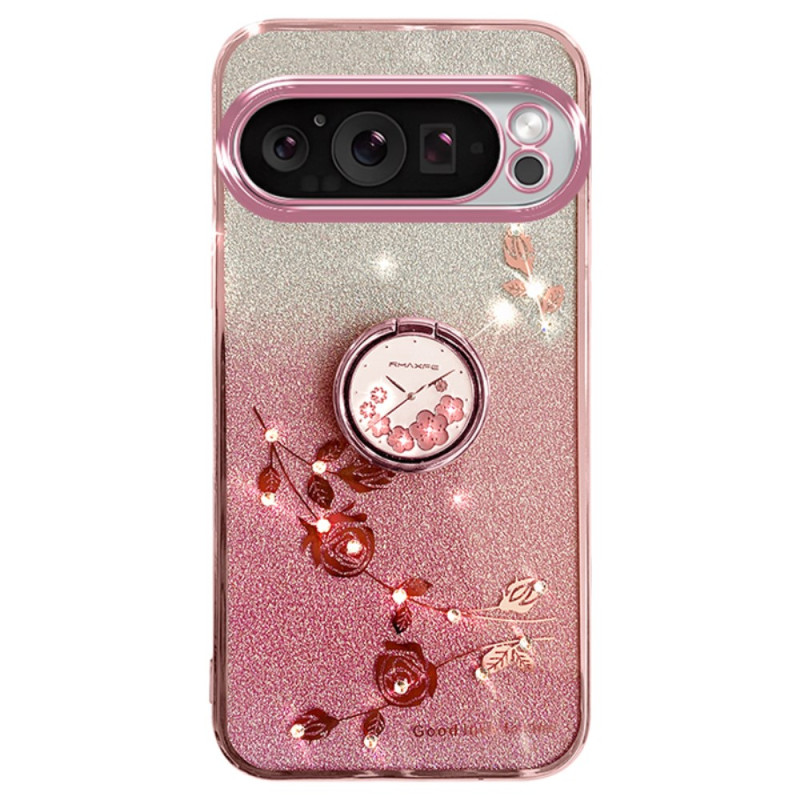 Capa para Google Pixel 9 Pro Suporte com flor e anel de strass KADEM