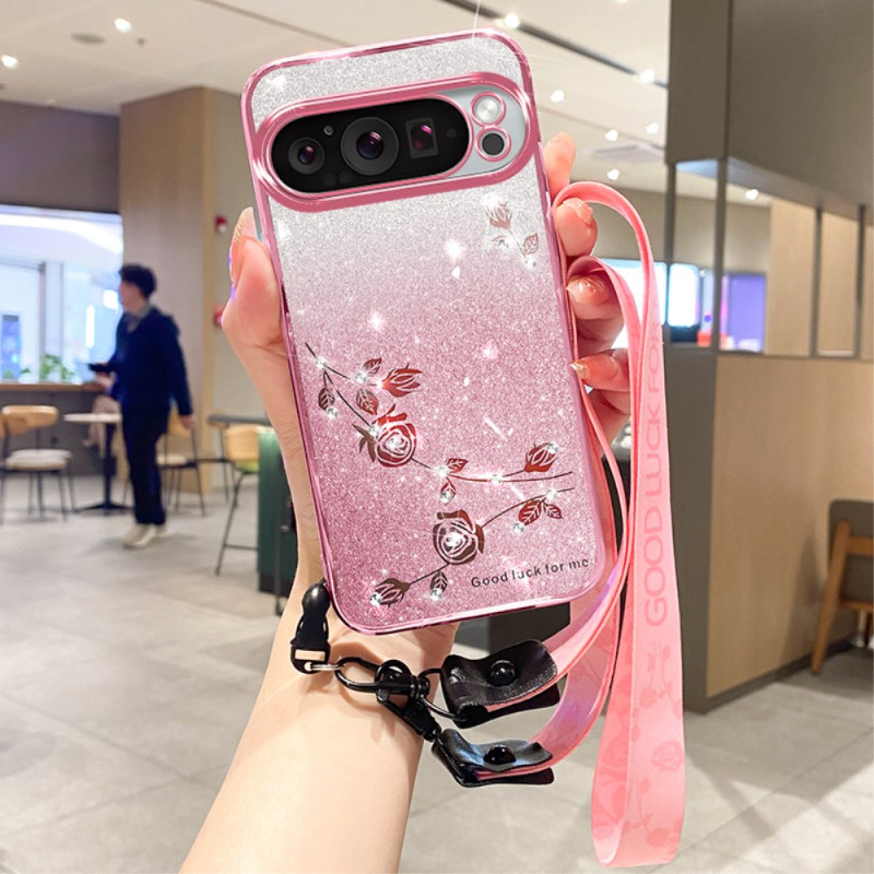 Coque Google Pixel 9 / Pixel 9 Pro Fleurs et Strass à Lanière KADEM