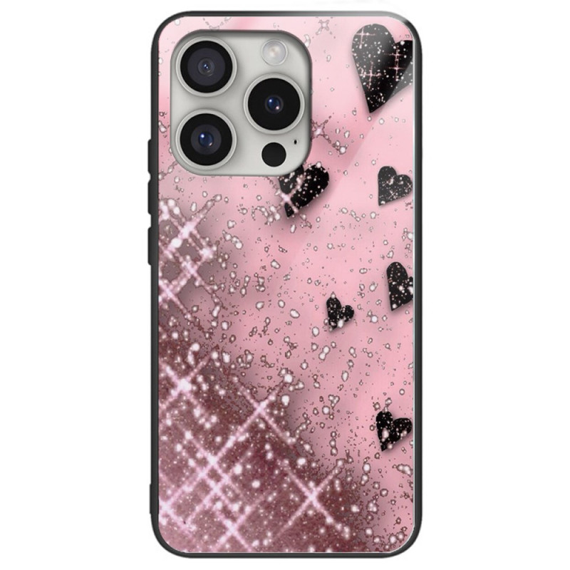 Capa iPhone 16 Pro Max Corações em vidro temperado sobre fundo cor-de-rosa