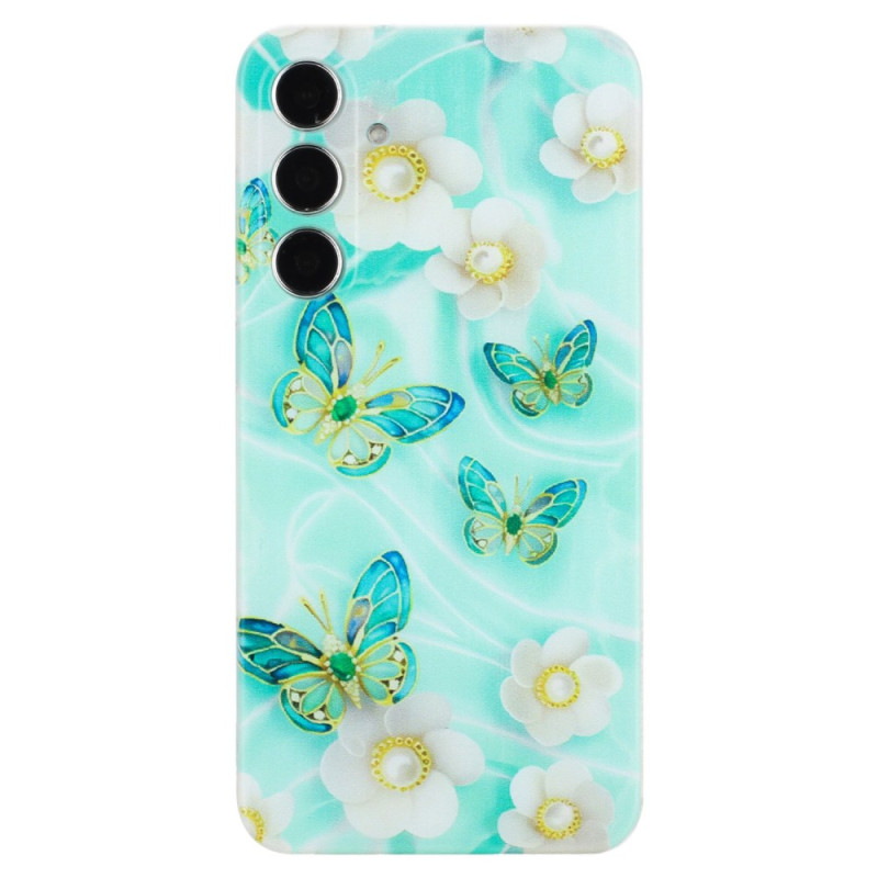 Capa para Samsung Galaxy S24 FE Flores brancas e borboletas verdes