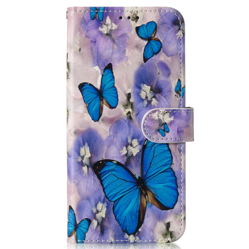 Capa para Samsung Galaxy S24 FE Flores roxas e borboletas azuis