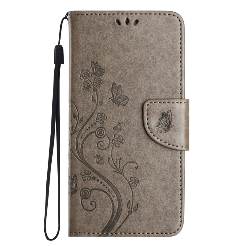 Capa para Samsung Galaxy A06 com alça em forma de flor e borboleta