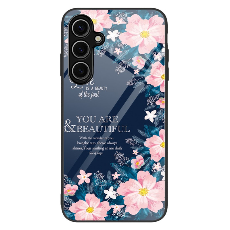 Capa para Samsung Galaxy S25 5G em vidro temperado com flores cor-de-rosa