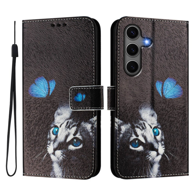 Capa para Samsung Galaxy S25 Plus 5G Gato e Borboleta Azul