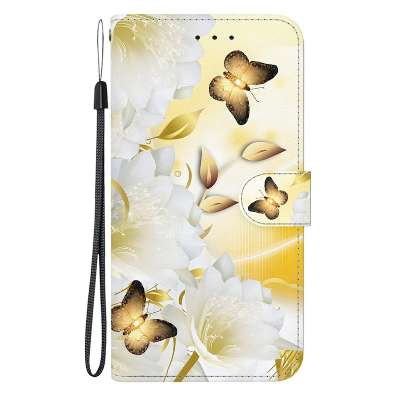 Capa para Samsung Galaxy S25 Ultra 5G Borboletas douradas e flores brancas