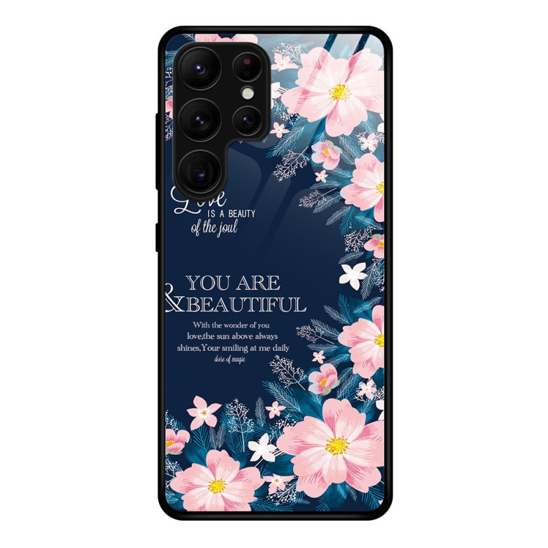 Capa para Samsung Galaxy S25 Ultra 5G em vidro temperado com flores cor-de-rosa