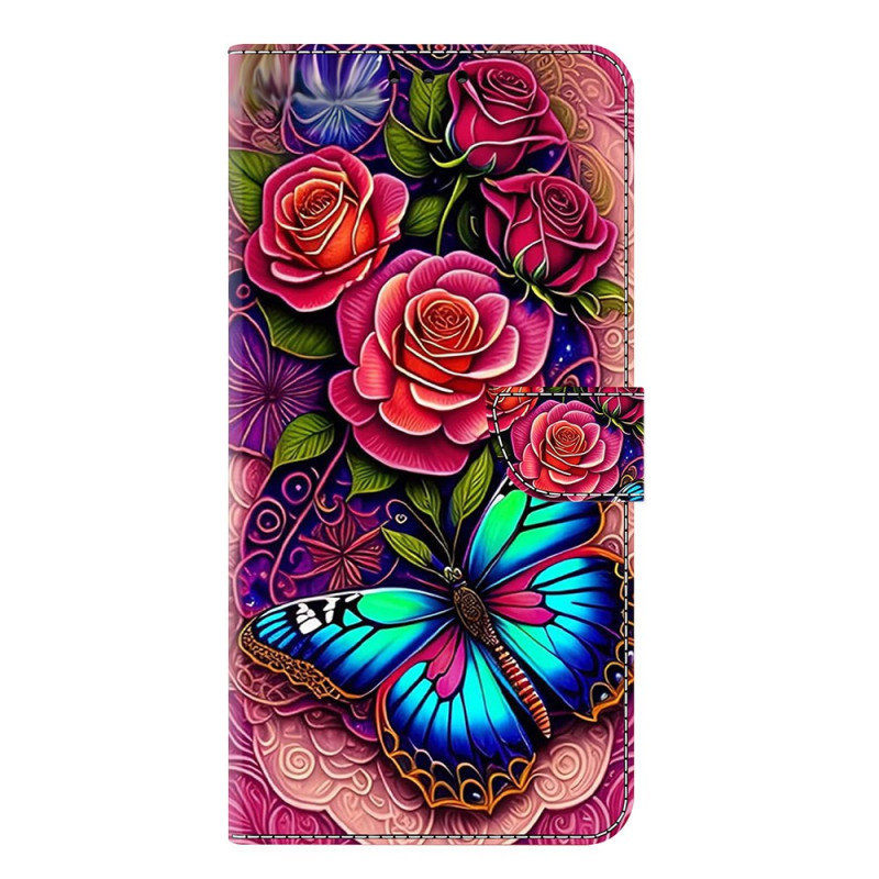 Capa para Samsung Galaxy A56 5G / A36 5G Borboleta colorida e flores vermelhas